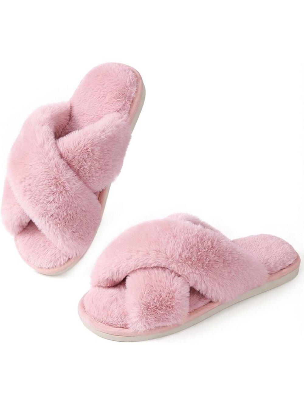 Women's Pink Cross Band Memory Foam Open Toe Comfy Fuzzy Indoor Slippers